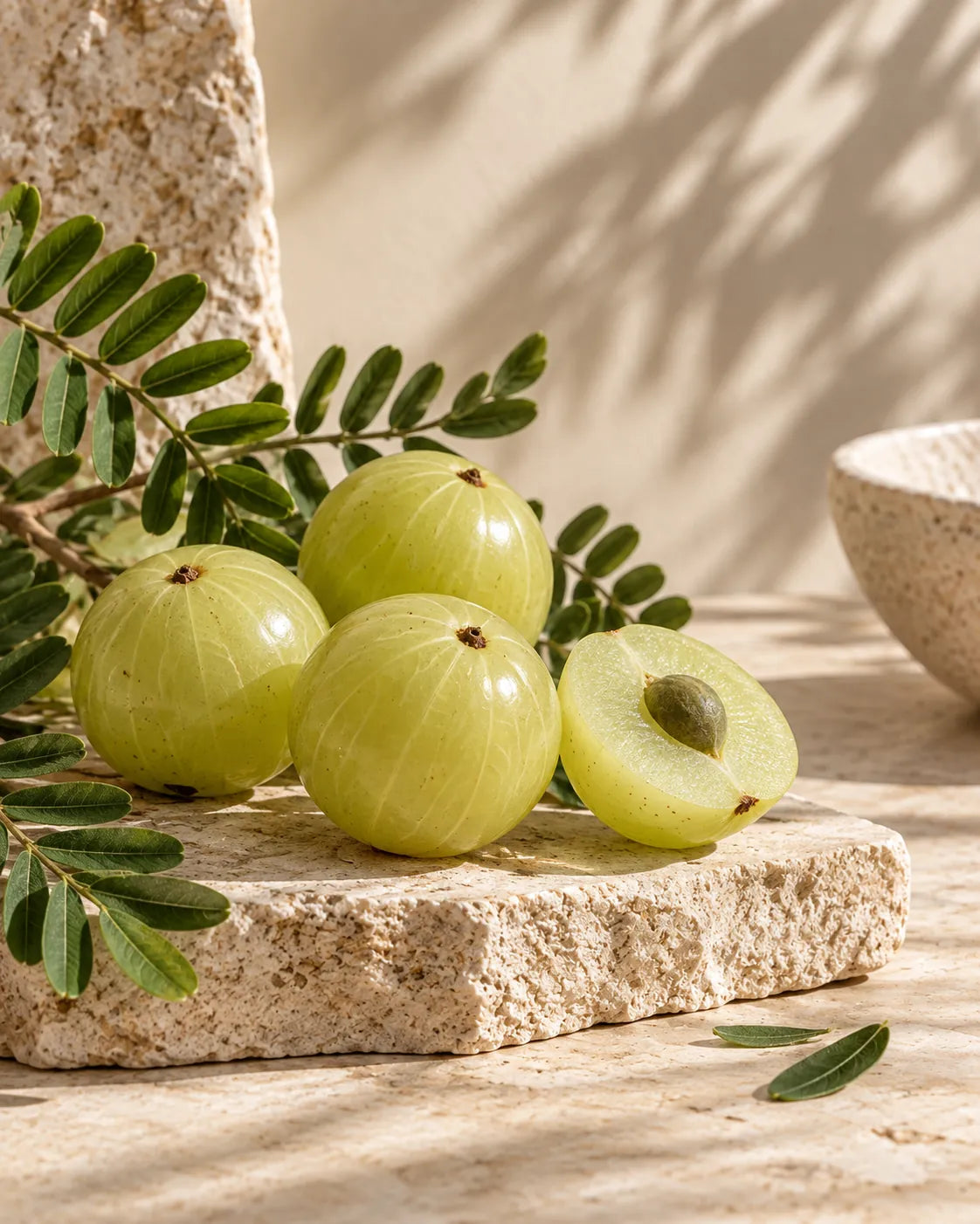 Fresh green amla fruit with leaves on warm textured stone.