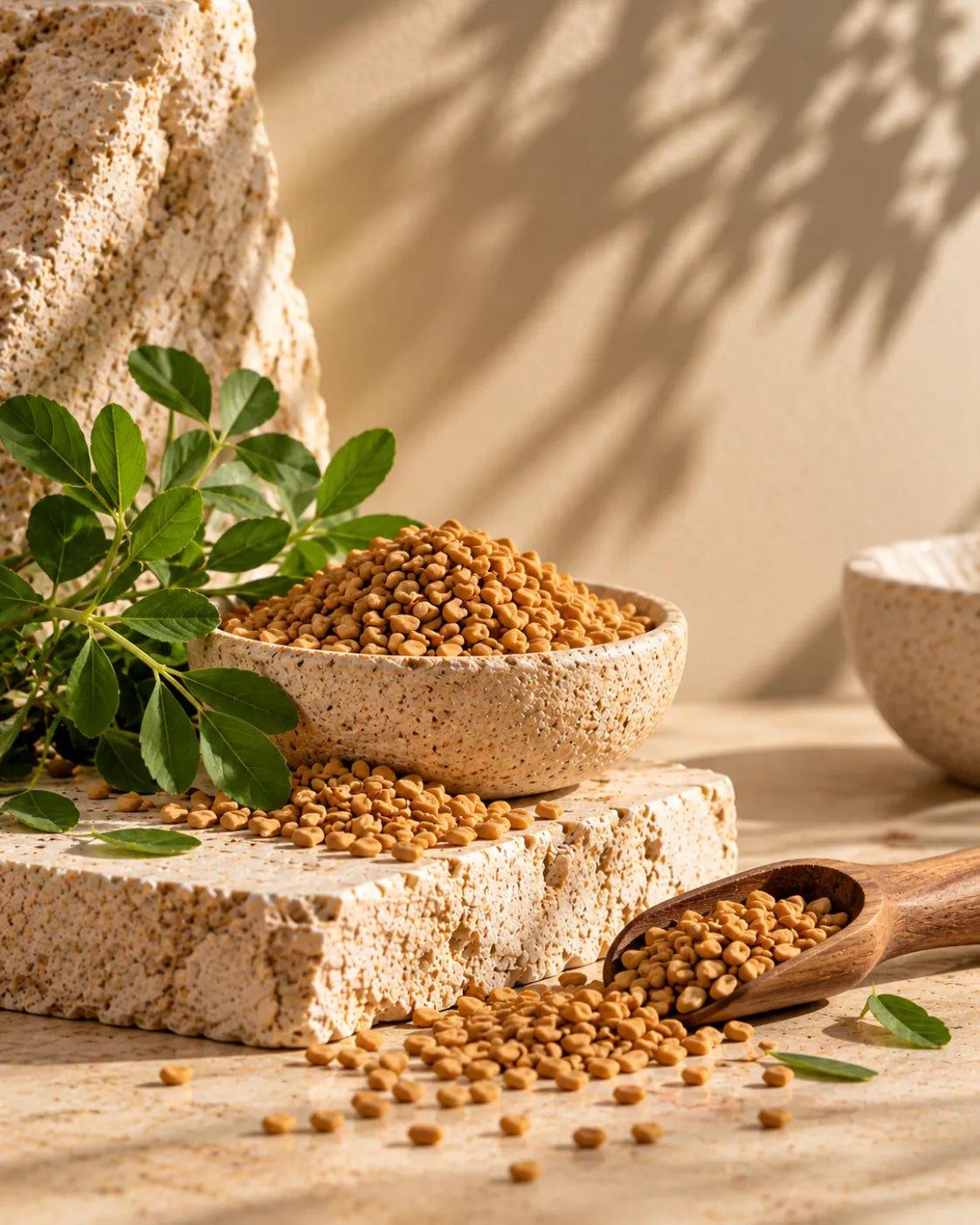 Fenugreek seeds in a stone bowl and wooden scoop on warm textured stone.