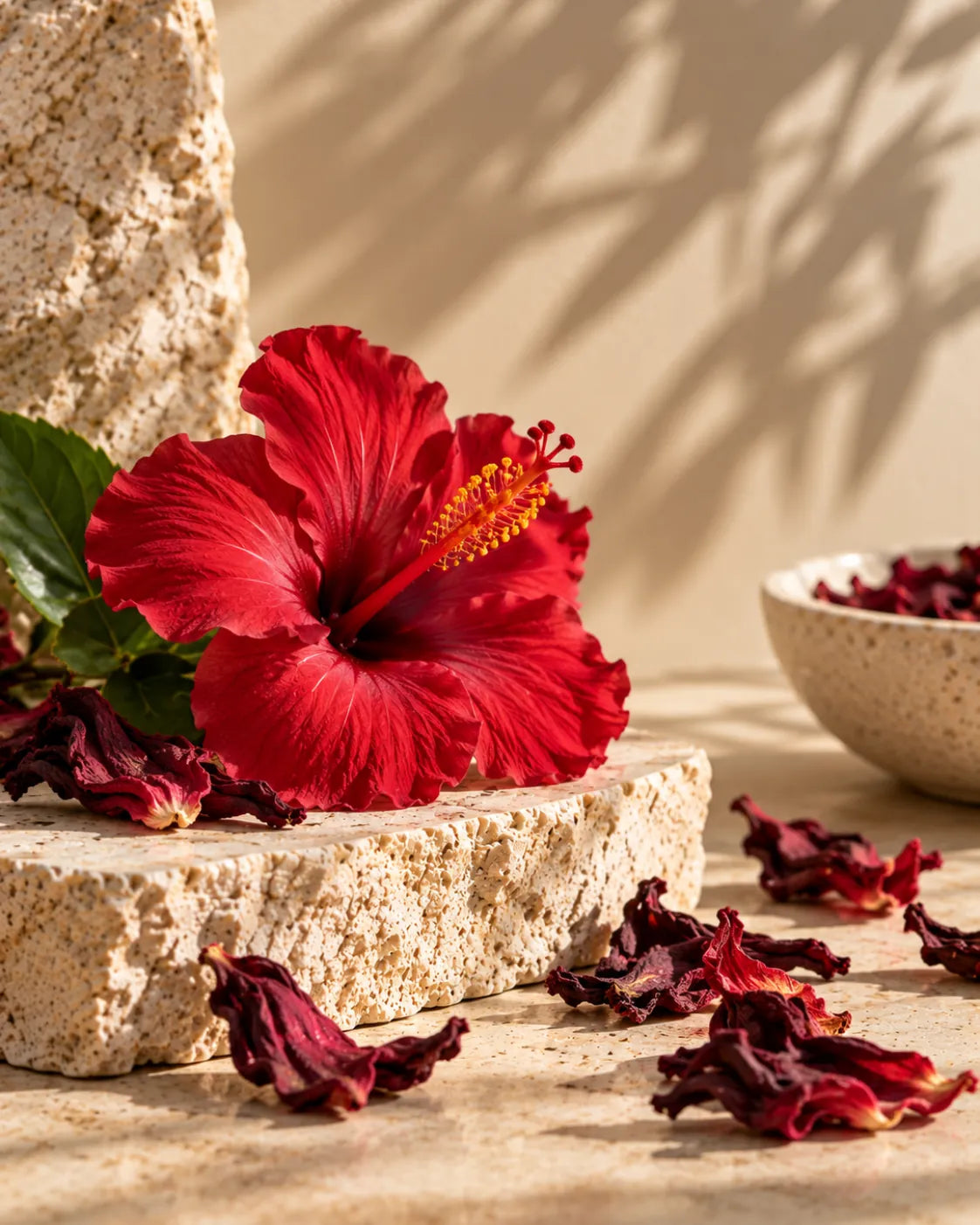 A red hibiscus flower and dried petals on warm textured stone.