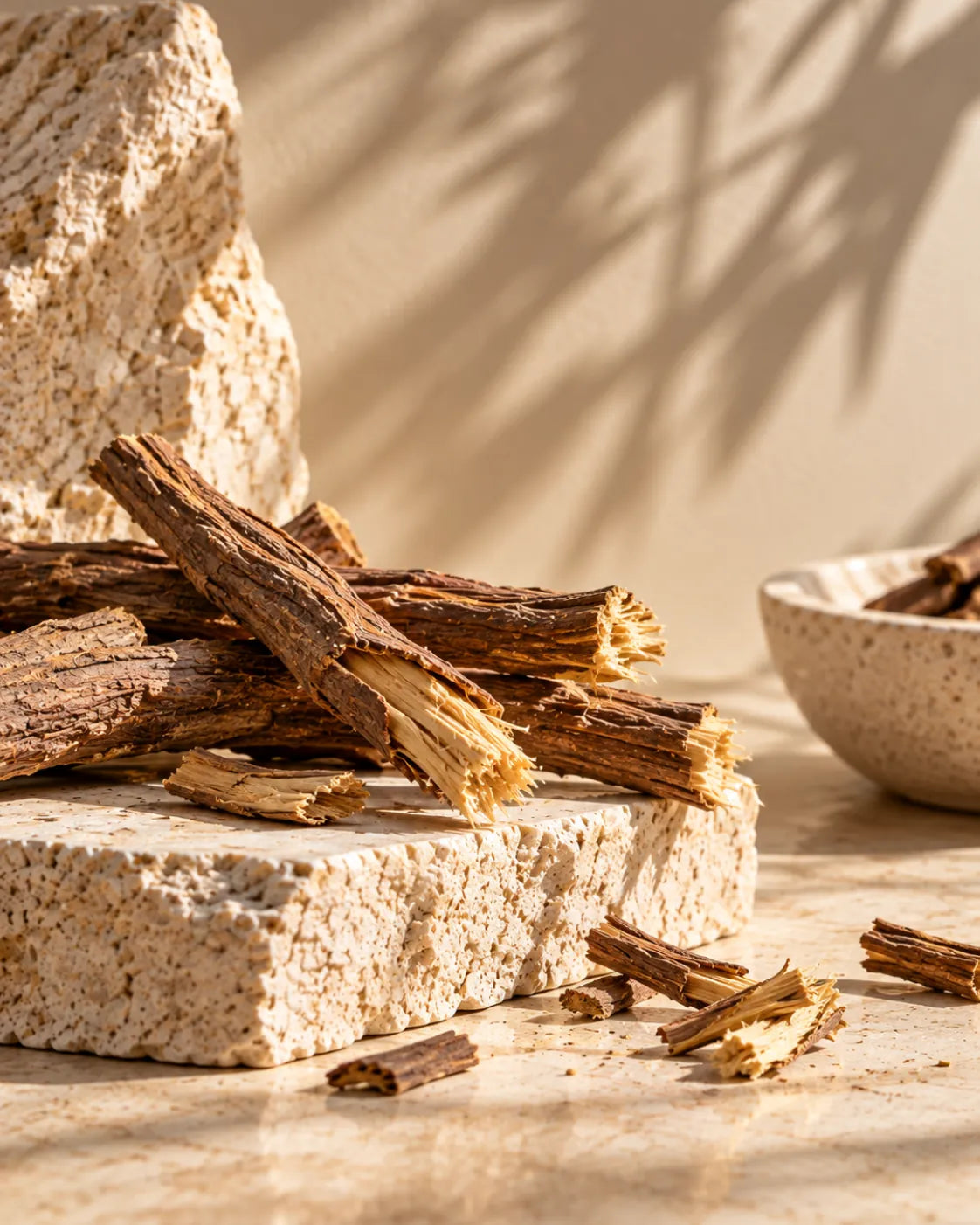Dried licorice root sticks arranged on warm textured stone.