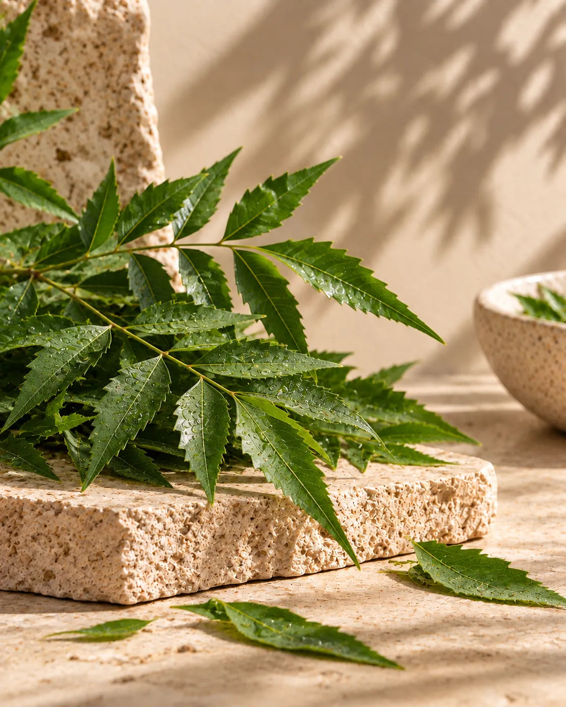 Fresh neem leaves on warm textured stone in soft daylight.