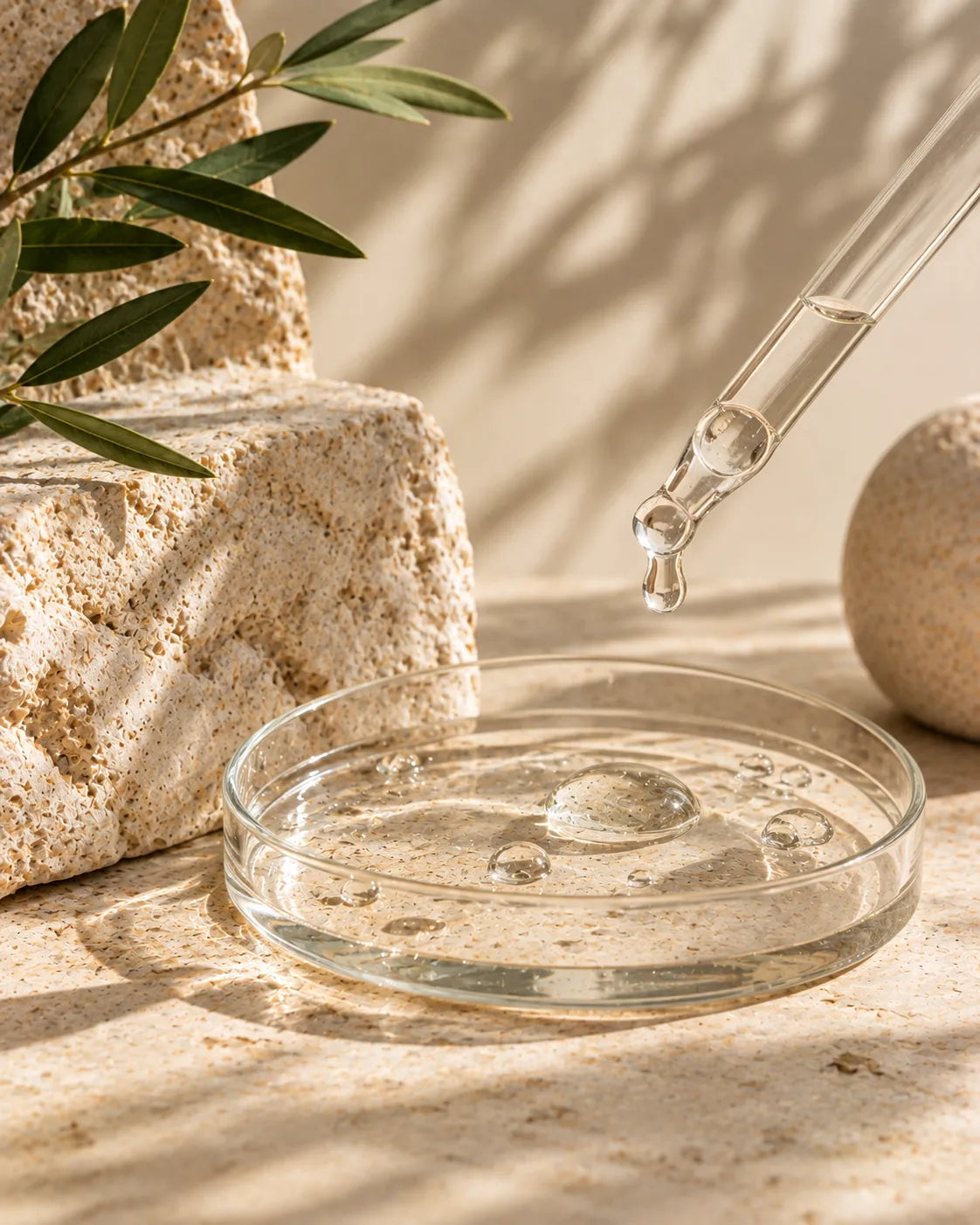Clear serum texture with a glass pipette on warm textured stone.