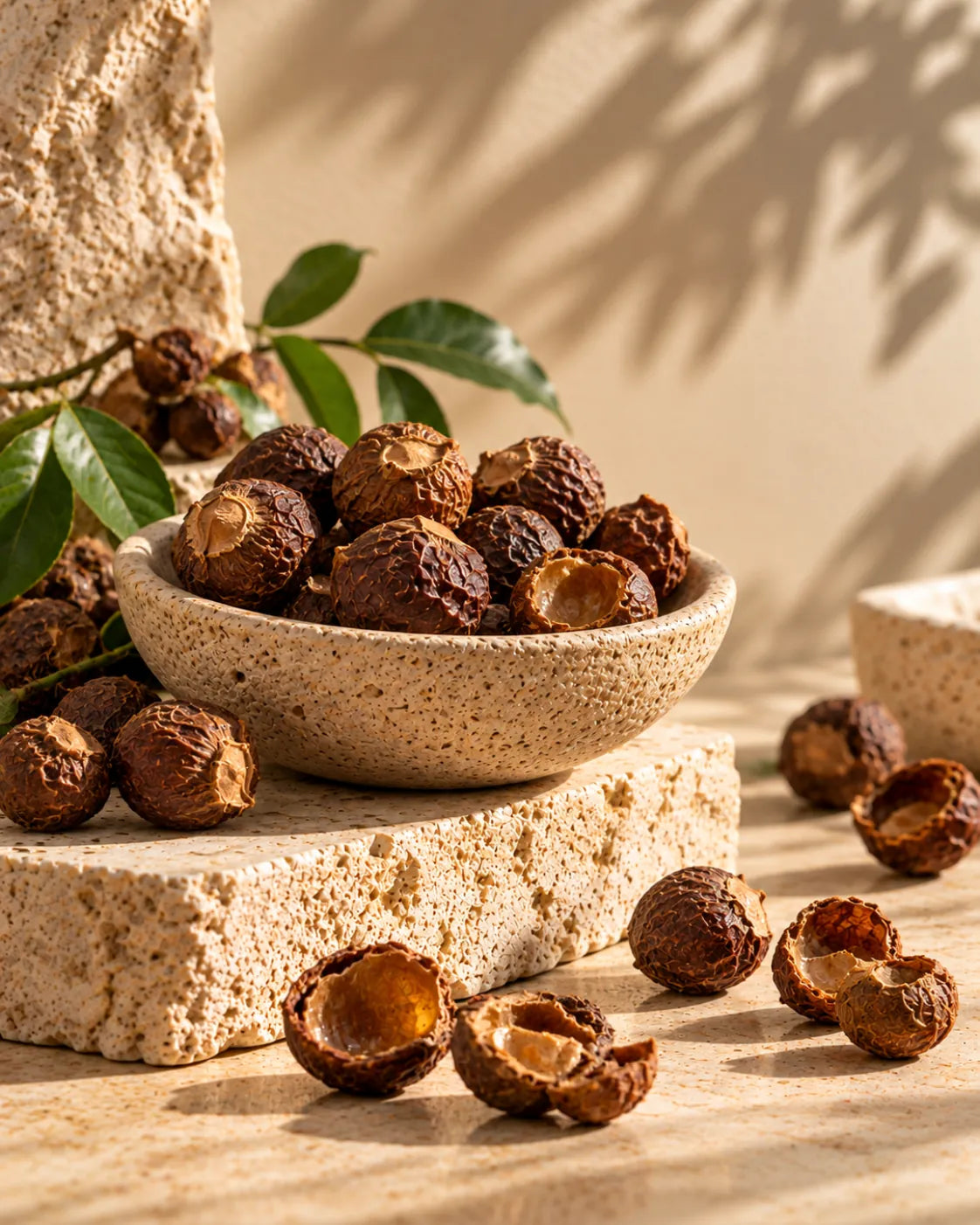 Whole reetha soapnuts in a stone bowl and on warm textured stone.