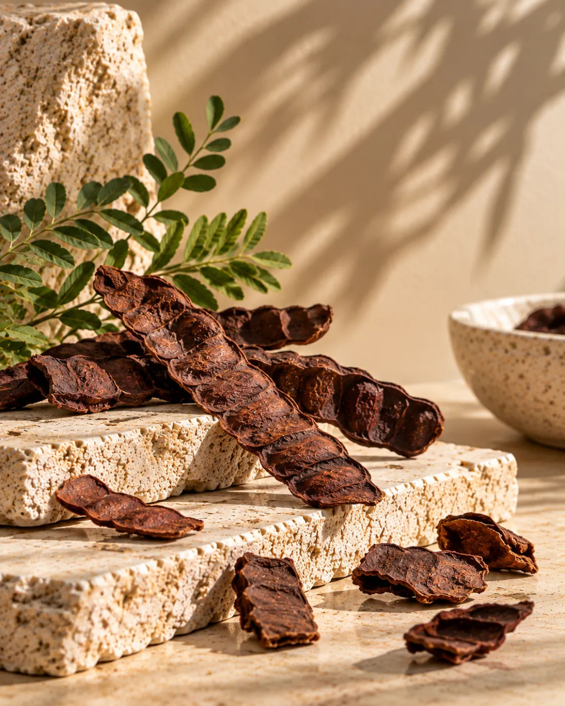 Dried shikakai pods arranged on warm textured stone.
