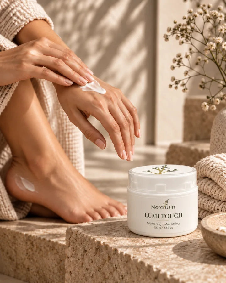 Hands smoothing cream over the back of a hand and the heel of a foot, with a jar of Lumi Touch on a stone step beside folded towels and dried flowers