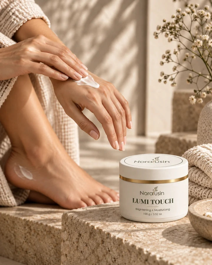 Hands smoothing cream over the back of a hand and the heel of a foot, with a jar of Lumi Touch on a stone step beside folded towels and dried flowers
