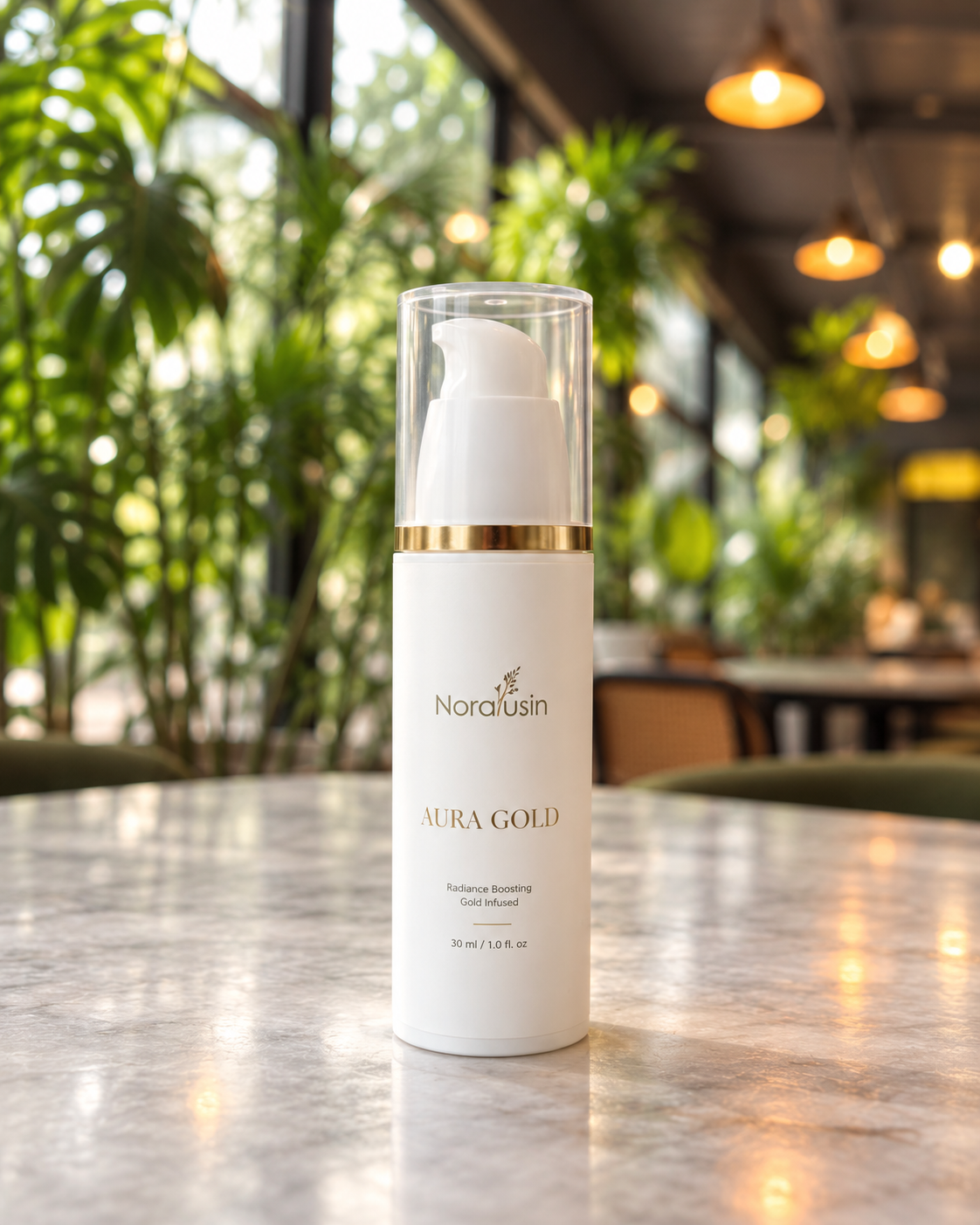 Aura Gold 24K gold glow serum bottle on a marble café table
