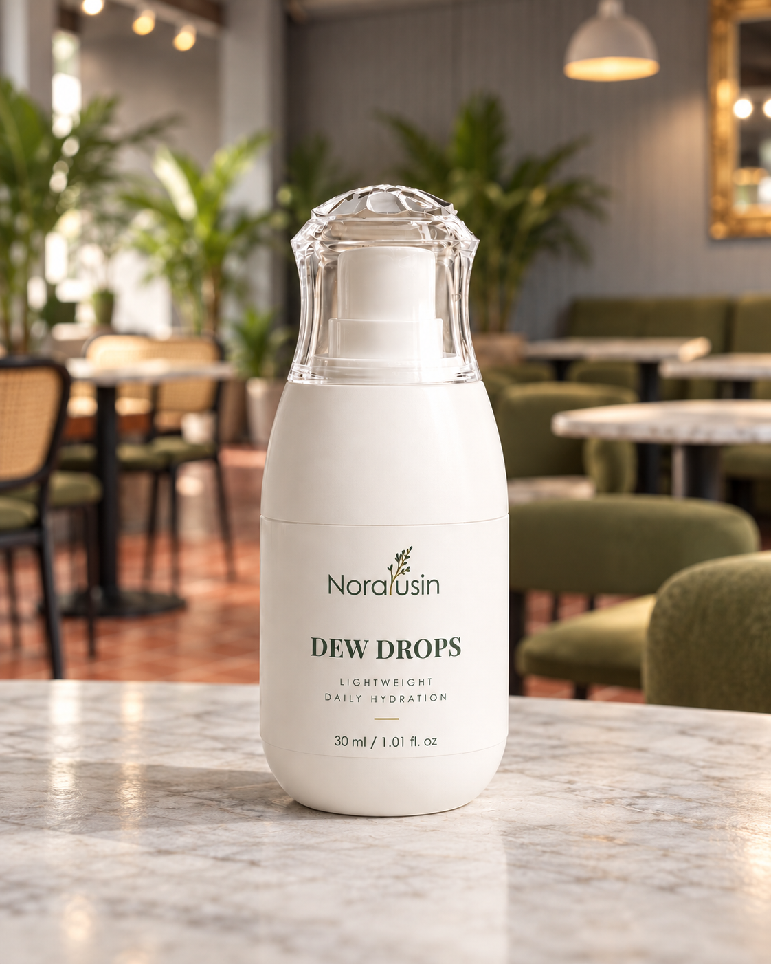 Dew Drops hydration serum bottle on a marble café table