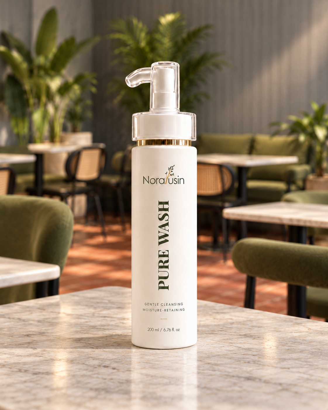 Pure Wash shampoo bottle on a marble café table