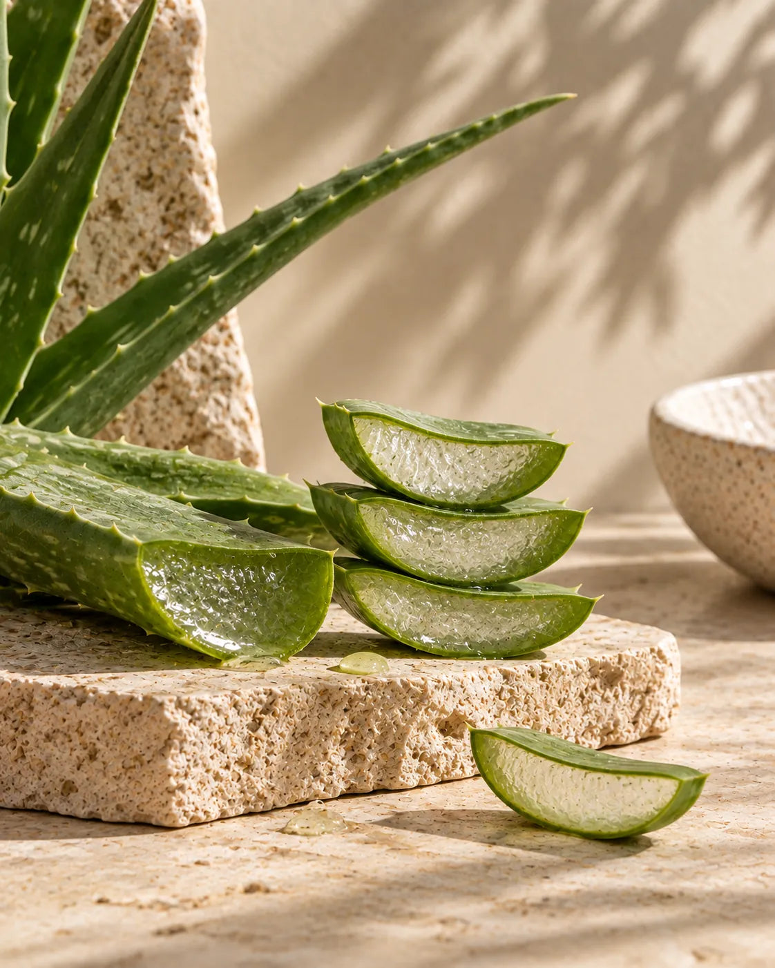 Fresh aloe vera leaves and cut gel sections on warm textured stone.