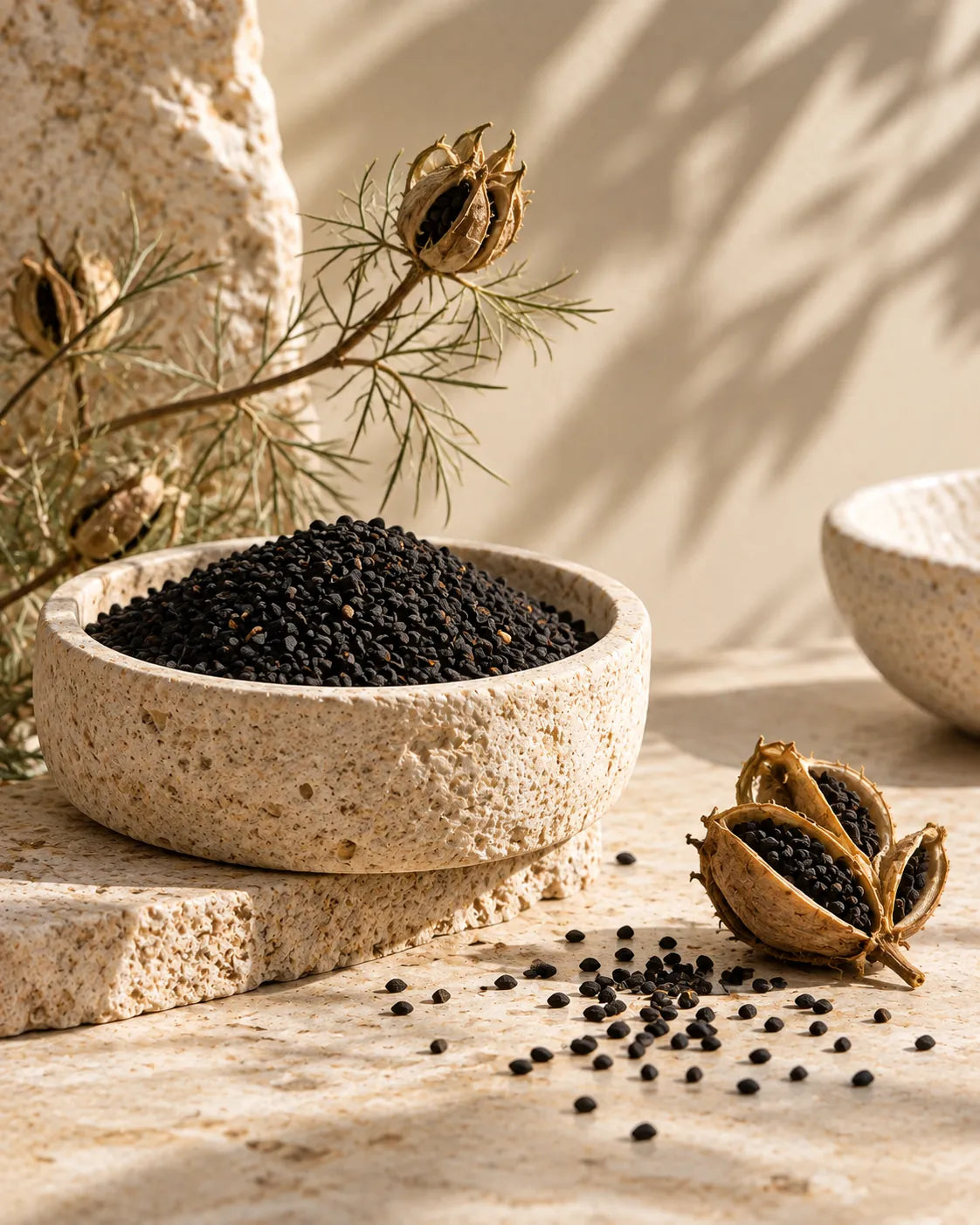 Black seed and dried Nigella pods arranged on warm textured stone.