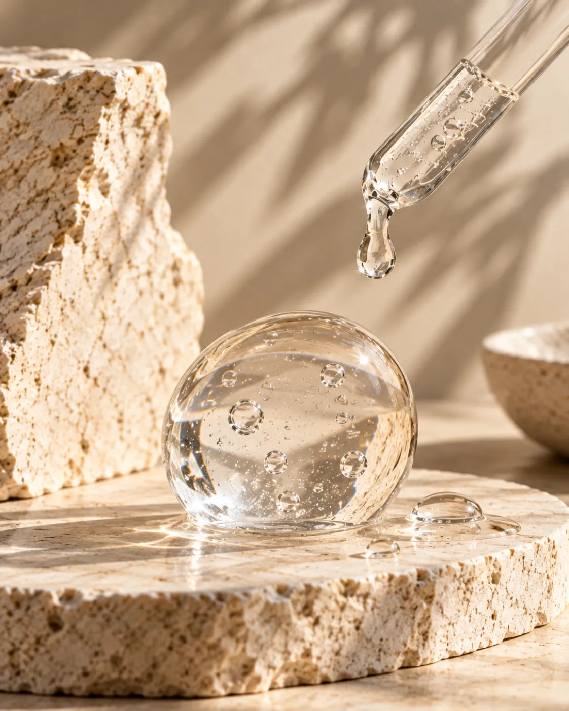 A clear droplet of serum falling from a glass pipette onto warm textured stone.