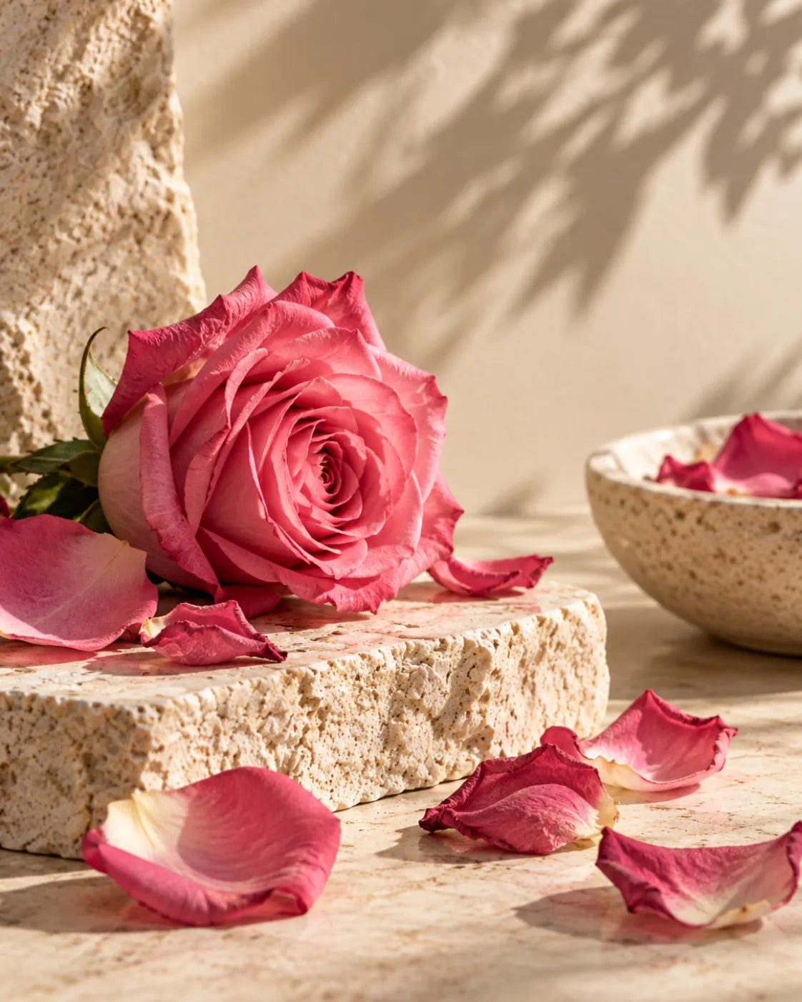 A pink rose and loose petals on warm textured stone.